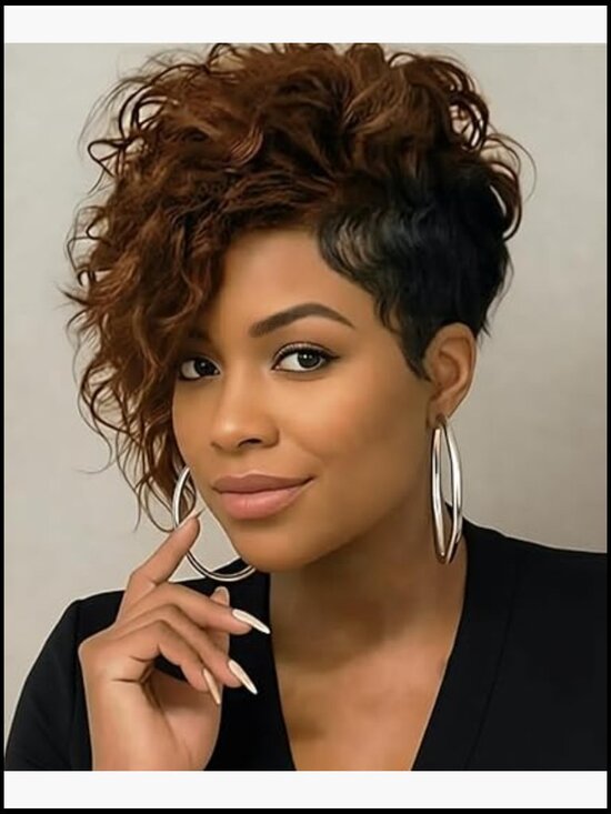 Short Curly Pixie Cut Wig with Bangs Asymmetrical Wavy Synthetic Hair for Women